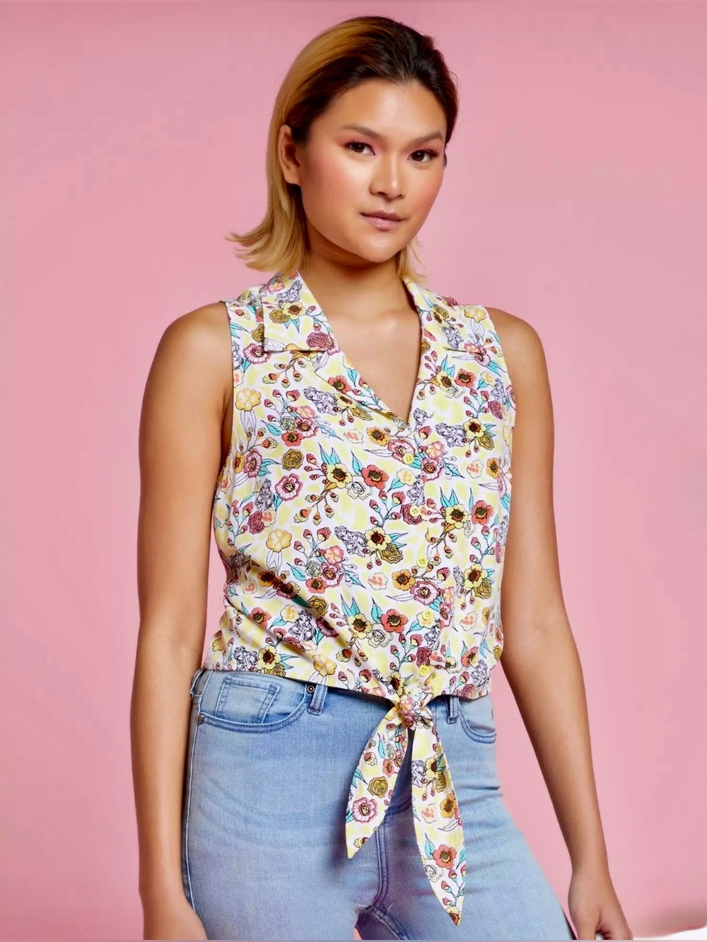 NEW Disney Beauty & the Beast Belle button down sleeveless blouse Hawaiian
